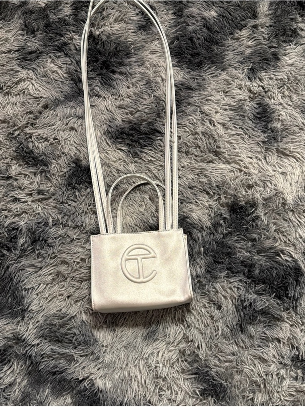 Silver Mini Crossbody Tote Bag with Embossed Logo